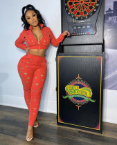 Solid Hole Zipper Long Sleeve 2 Piece Pants Set XYF-9117