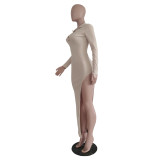 Solid Ribbed Backless High Split Slim Maxi Dress TR-1176