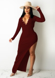 Solid Ribbed Backless High Split Slim Maxi Dress TR-1176