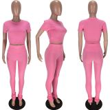 Solid Short Sleeve Two Piece Pants Set LM-8285