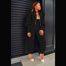 Solid Puff Sleeve Zipper Coat+High Waist Pants 2 Piece Suits MAE-2120