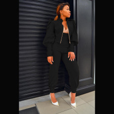 Solid Puff Sleeve Zipper Coat+High Waist Pants 2 Piece Suits MAE-2120