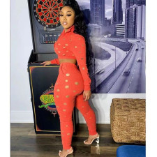 Solid Hole Zipper Long Sleeve 2 Piece Pants Set XYF-9117