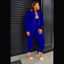 Solid Puff Sleeve Zipper Coat+High Waist Pants 2 Piece Suits MAE-2120