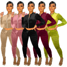 Solid Velvet Long Sleeve Two Piece Pants Set MIL-L268