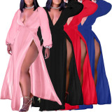 Plus Size Solid Deep V High Split Long Sleeve Maxi Dress WAF-77273