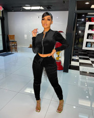Solid Velvet Long Sleeve Two Piece Pants Set MIL-L268