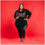 Plus Size Letter Print V Neck Long Sleeve 2 Piece Pants Set WAF-77277
