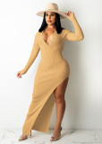 Solid Ribbed Backless High Split Slim Maxi Dress TR-1176