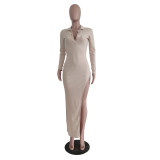 Solid Ribbed Backless High Split Slim Maxi Dress TR-1176