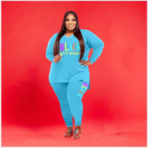 Plus Size Letter Print V Neck Long Sleeve 2 Piece Pants Set WAF-77277
