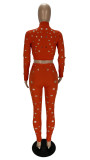 Solid Hole Zipper Long Sleeve 2 Piece Pants Set XYF-9117