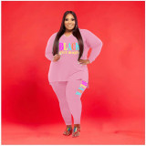 Plus Size Letter Print V Neck Long Sleeve 2 Piece Pants Set WAF-77277