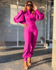 Solid Puff Sleeve Top High Waist Pants 2 Piece Sets MAE-2121