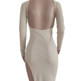 Solid Ribbed Backless High Split Slim Maxi Dress TR-1176