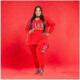Plus Size Letter Print V Neck Long Sleeve 2 Piece Pants Set WAF-77277