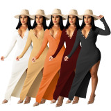 Solid Ribbed Backless High Split Slim Maxi Dress TR-1176