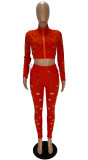 Solid Hole Zipper Long Sleeve 2 Piece Pants Set XYF-9117