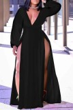 Plus Size Solid Deep V High Split Long Sleeve Maxi Dress WAF-77273