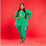 Plus Size Letter Print V Neck Long Sleeve 2 Piece Pants Set WAF-77277