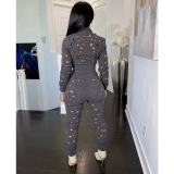 Solid Hole Zipper Long Sleeve 2 Piece Pants Set XYF-9117