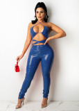 Sexy PU Leather Bright Hollow Out Halter Jumpsuit LA-3294
