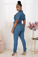 Denim Short Sleeve Sashes Jeans Jumpsuit LX-3510