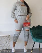 Casual Hooded Hole Hollow Long Sleeve 2 Piece Suits HMS-5509