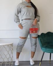 Casual Hooded Hole Hollow Long Sleeve 2 Piece Suits HMS-5509