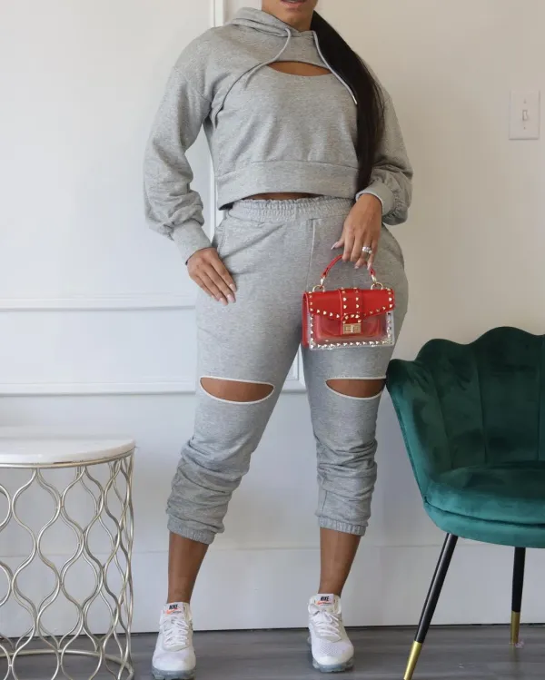 Casual Hooded Hole Hollow Long Sleeve 2 Piece Suits HMS-5509