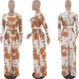 Casual Printed Long Sleeve Top Wide Leg Pants 2 Piece Suits QY-5261