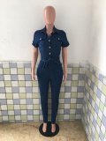Denim Short Sleeve Sashes Jeans Jumpsuit LX-3510