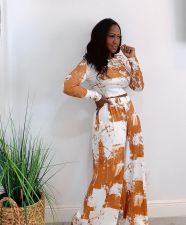 Casual Printed Long Sleeve Top Wide Leg Pants 2 Piece Suits QY-5261