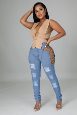 Denim Sexy Lace-Up Hollow Out Skinny Jeans Pants YYF-6620