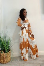 Casual Printed Long Sleeve Top Wide Leg Pants 2 Piece Suits QY-5261