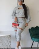 Casual Hooded Hole Hollow Long Sleeve 2 Piece Suits HMS-5509