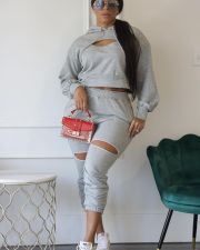 Casual Hooded Hole Hollow Long Sleeve 2 Piece Suits HMS-5509