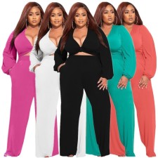 Plus Size Solid Knotted Top And Pants 2 Piece Sets LP-66315