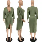 Sexy Solid V Neck Long Sleeve Midi Dress MXDF-6060