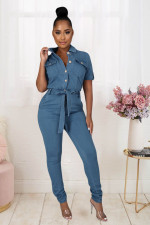 Denim Short Sleeve Sashes Jeans Jumpsuit LX-3510