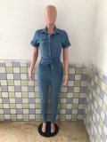 Denim Short Sleeve Sashes Jeans Jumpsuit LX-3510