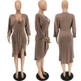 Sexy Solid V Neck Long Sleeve Midi Dress MXDF-6060