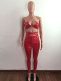 Sexy PU Leather Bright Hollow Out Halter Jumpsuit LA-3294