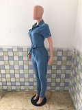 Denim Short Sleeve Sashes Jeans Jumpsuit LX-3510