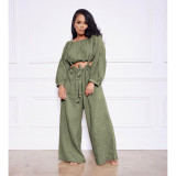 Solid Long Sleeve Top And Strap Wide Leg Pants 2 Piece Sets ASL-6511