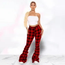 Casual Plaid Flared Stacked Pants YH-5243