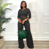 Solid Long Sleeve Wide Leg Pants Two Piece Suits TR-1179
