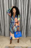 Sexy Printed Long Sleeve Zipper Sashes Maxi Dress BGN-206