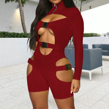 Sexy Hollow Out Long Sleeve Buckle Romper TE-4328