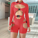 Sexy Hollow Out Long Sleeve Buckle Romper TE-4328